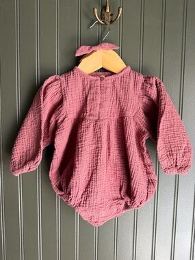 Rylee + Cru Baby Girls' Long-Sleeve Romper in Dusty Rose with matching headband